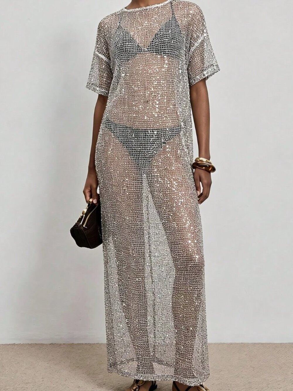 White Sheer Sequin Women's Maxi Dress Split Hem, Mid‑Sleeve & Button Detail